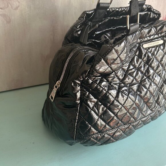 Steve Madden Black Large Quilted Tote Weekender Shoulder Bag Canvas Handles - Picture 6 of 11